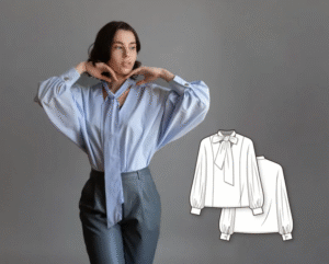 Puff gathered sleeve oversize woven shirt blouse with bow tie collar – PDF sewing pattern for women