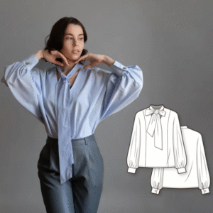 puff gathered sleeve oversize woven shirt blouse with bow tie collar pdf sewing pattern for women
