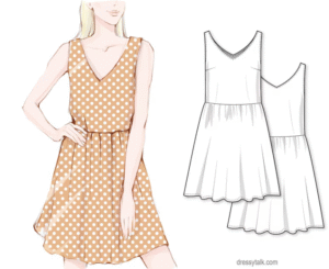 Easy to sew woven tank top dress with gathered knee length skirt – PDF sewing pattern for women